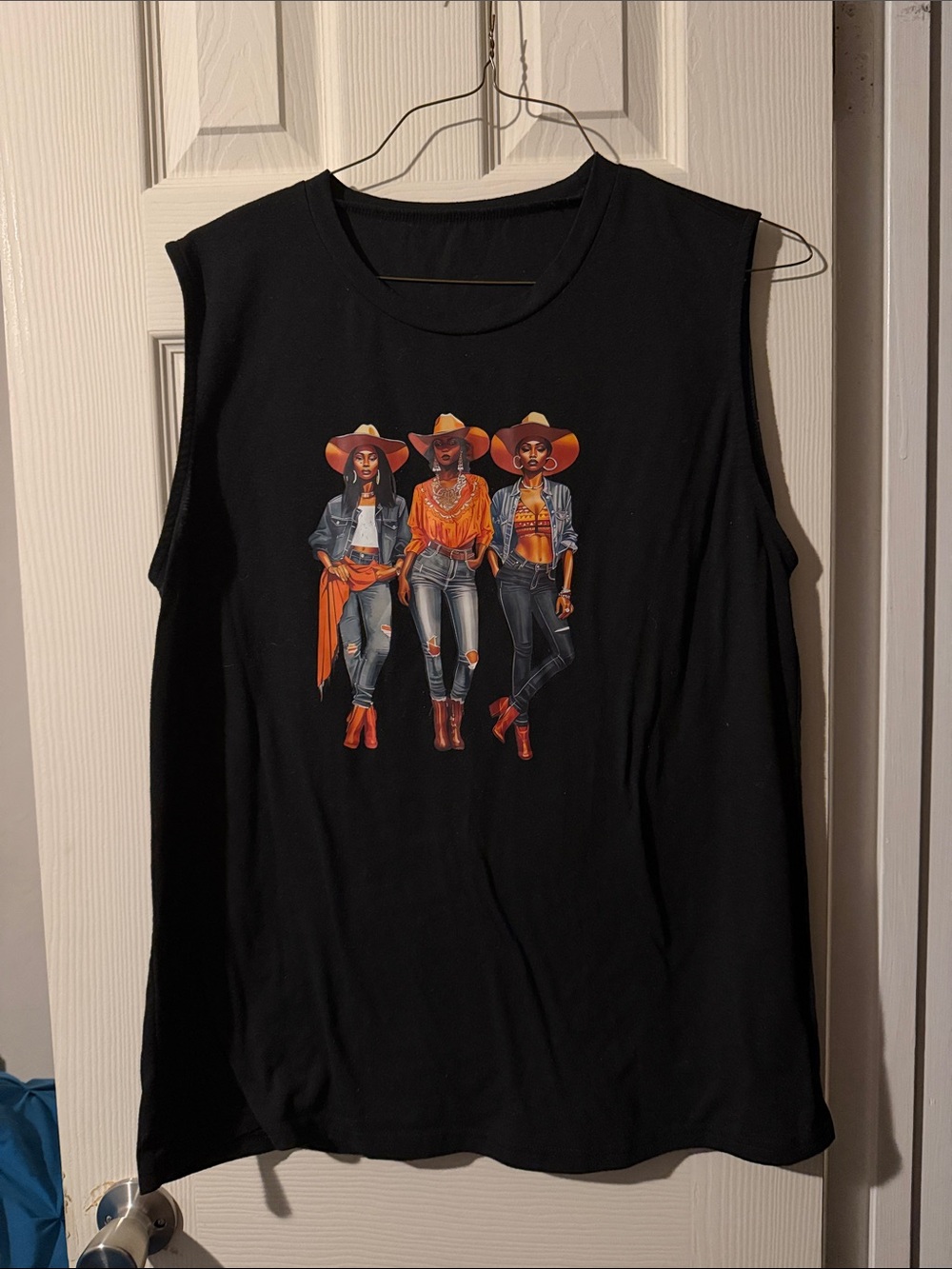 #286 Black Muscle Tee with Orange Cowgirl Trio Graphic
